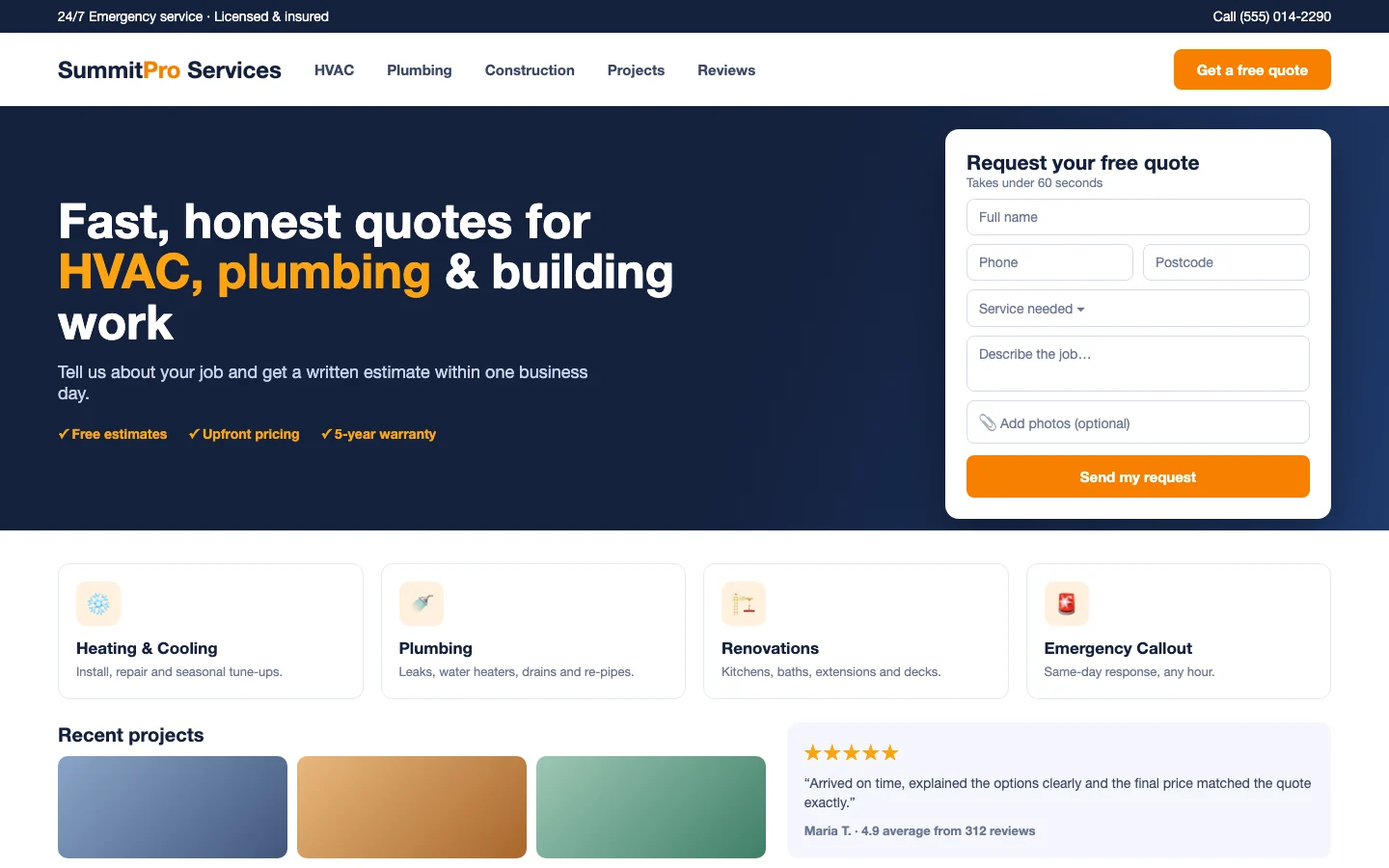 Contractor Lead & Quote Request Site concept design