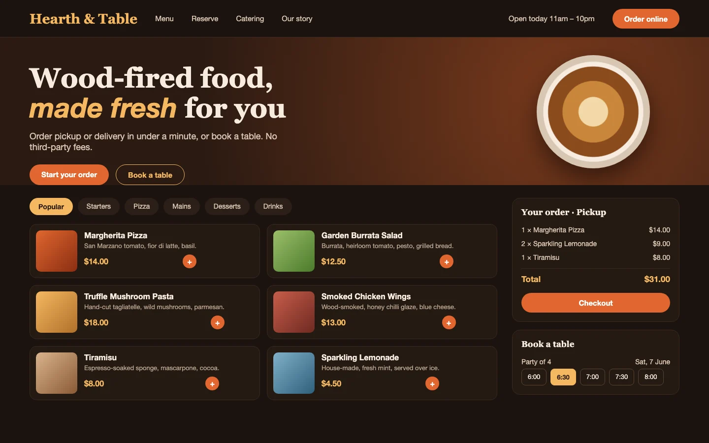 Restaurant Ordering & Reservations Site concept design